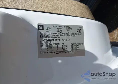 2010 Chevrolet Tahoe Lt z USA, uszkodzony, nr VIN 1GNUCBE08AR166414